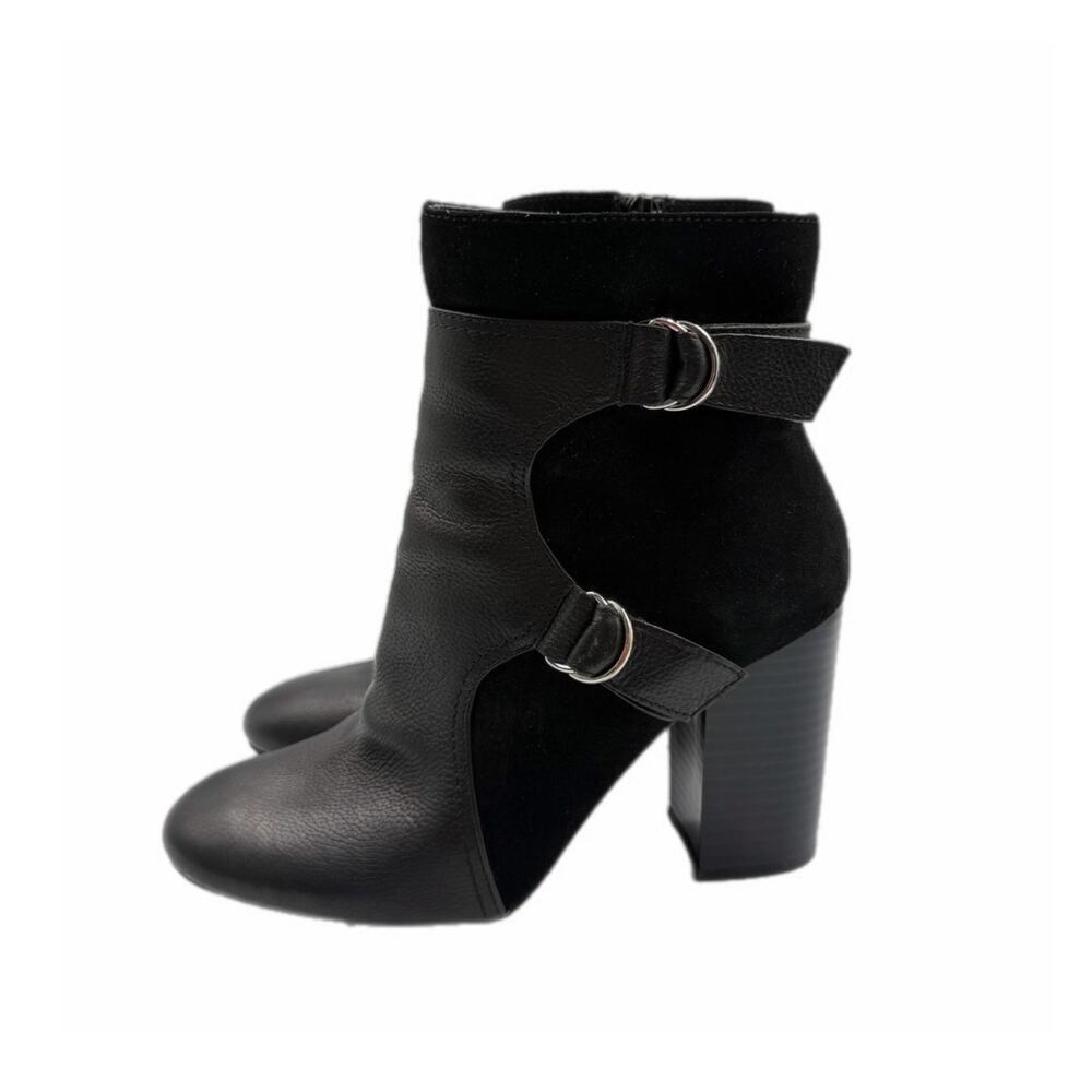 Nine West Chipper Black Suede Leather Two Tone Block Tall Heel Ankle Booties